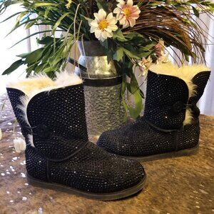 Shiekh Black Fur-Lined Crystal Ankle Boots